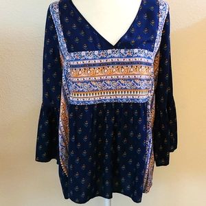Boho Chic Navy Top with Bell Ruffle Sleeves